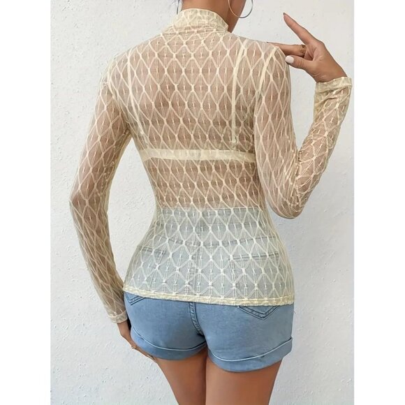 🆕 Women Cream Long Sleeve Mesh Top Lace Mock Neck See Through Fitted Sexy Out - Picture 3 of 7